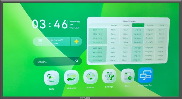 Smart Teach panel showing a weekly class schedule and screen-share tools